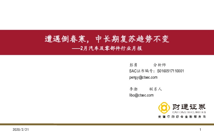 2月汽车及零部件行业月报：遭遇倒春寒，中长期复苏趋势不变