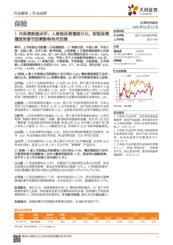 1月保费数据点评：人身险保费增速分化，财险保费增速受春节因素影响有所放缓