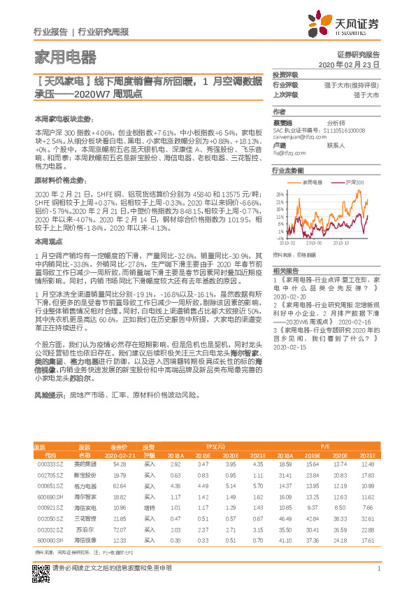 家用电器2020W7周观点：【天风家电】线下周度销售有所回暖，1月空调数据承压