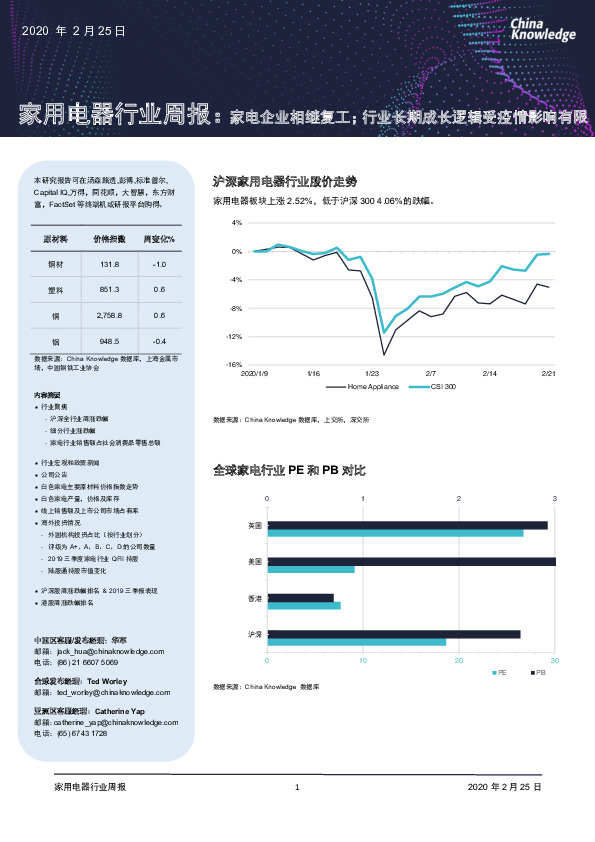 家用电器行业周报：家电企业相继复工；行业长期成长逻辑受疫情影响有限