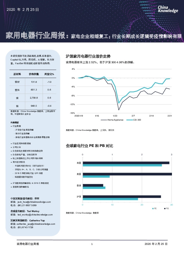 家用电器行业周报:家电企业相继复工;行业长期成长逻辑受疫情影响有限