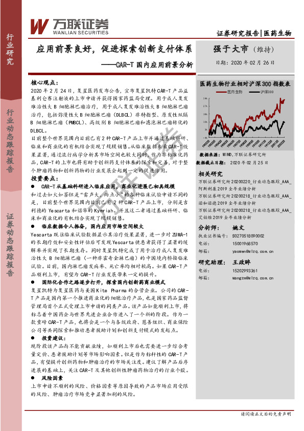 医药生物：CAR-T国内应用前景分析-应用前景良好，促进探索创新支付体系