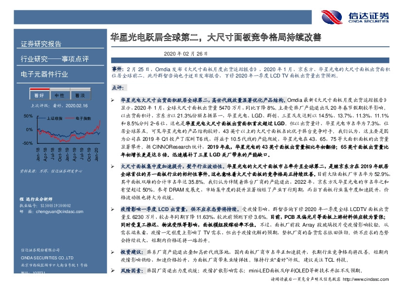 电子元器件行业事项点评：华星光电跃居全球第二，大尺寸面板竞争格局持续改善