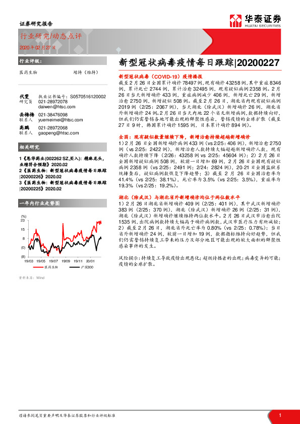 医药生物：新型冠状病毒疫情每日跟踪