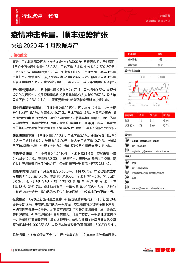 快递2020年1月数据点评：疫情冲击件量，顺丰逆势扩张_吴剑樑