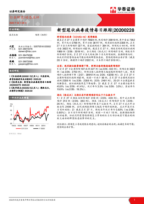 医药生物：新型冠状病毒疫情每日跟踪