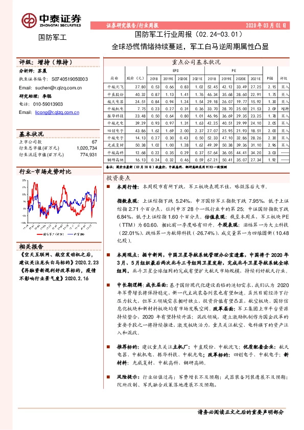 国防军工行业周报：全球恐慌情绪持续蔓延，军工白马逆周期属性凸显