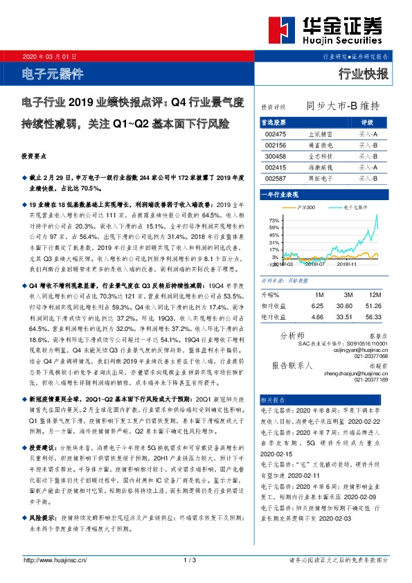 电子行业2019业绩快报点评：Q4行业景气度持续性减弱，关注Q1~Q2基本面下行风险
