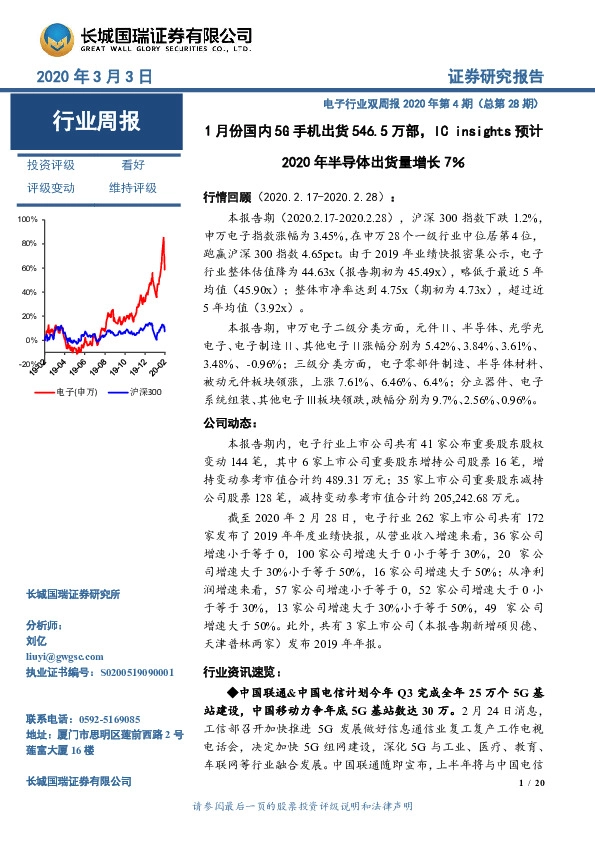 电子行业双周报2020年第4期（总第28期）：1月份国内5G手机出货546.5万部，IC insights预计2020年半导体出货量增长7%