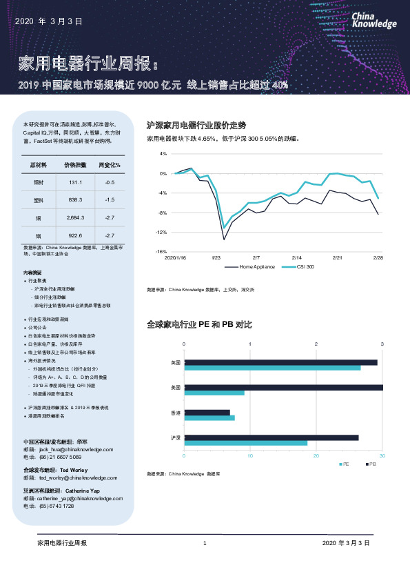 家用电器行业周报：2019中国家电市场规模近9000亿元 线上销售占比超过40%