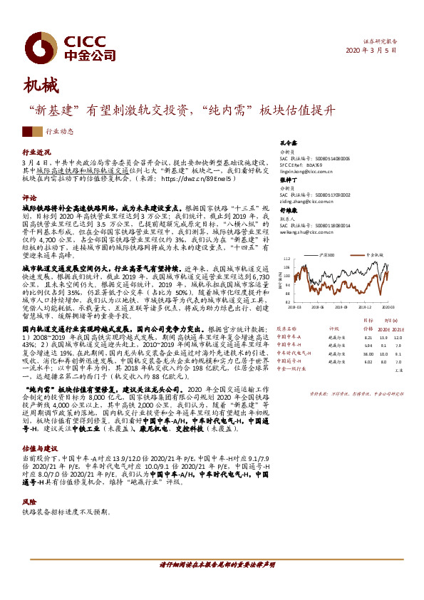 机械：“新基建”有望刺激轨交投资，“纯内需”板块估值提升