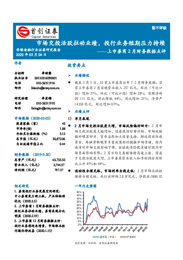 上市券商2月财务数据点评：市场交投活跃拉动业绩，投行业务短期压力持续