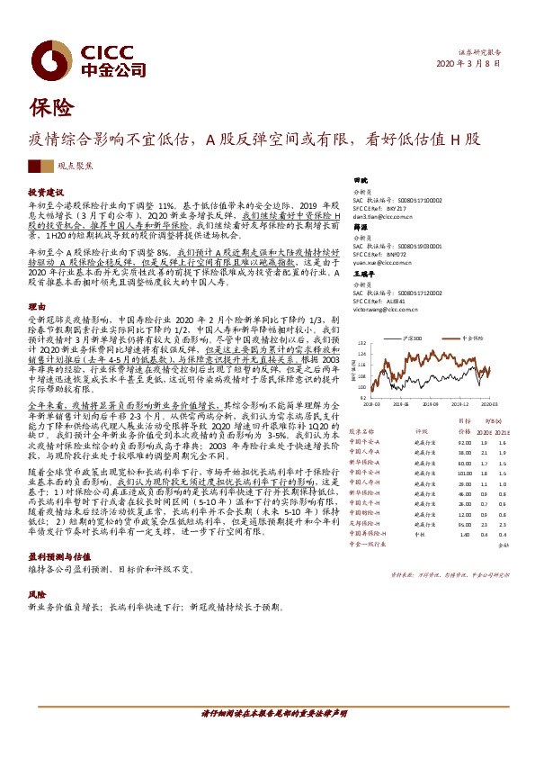 保险：疫情综合影响不宜低估，A股反弹空间或有限，看好低估值H股
