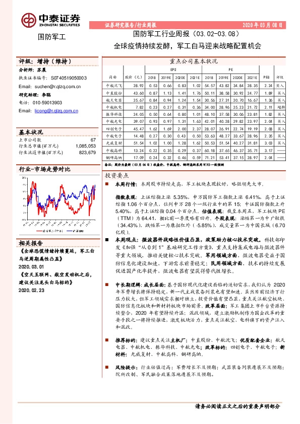 国防军工行业周报：全球疫情持续发酵，军工白马迎来战略配置机会