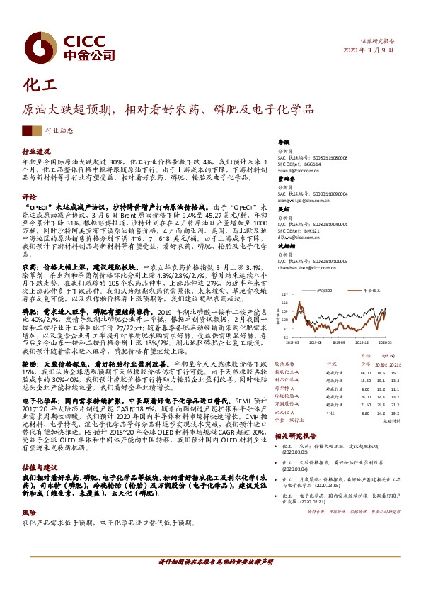 化工：原油大跌超预期，相对看好农药、磷肥及电子化学品