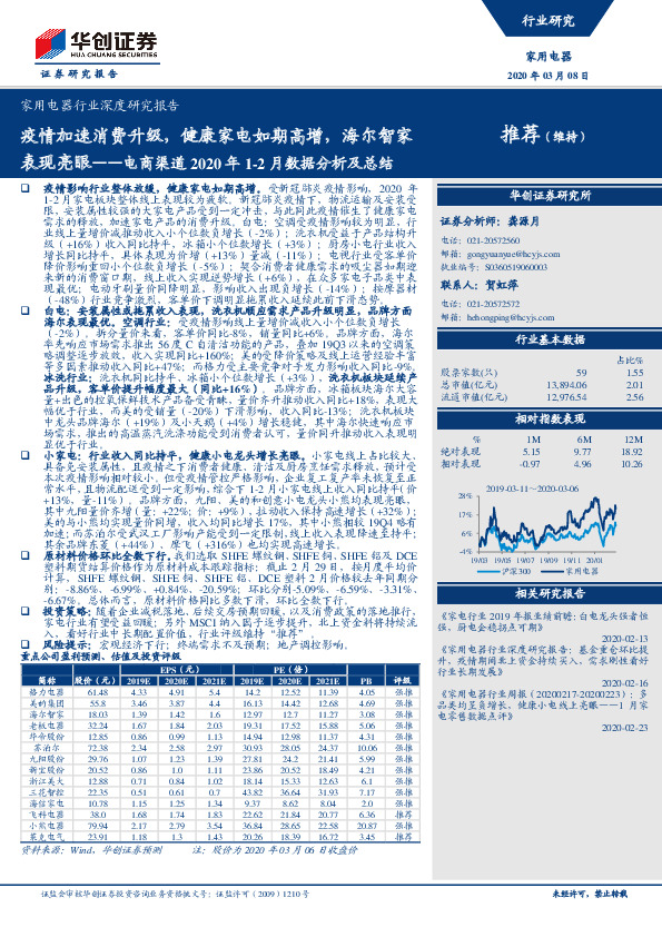家用电器行业深度研究报告：电商渠道2020年1-2月数据分析及总结：疫情加速消费升级，健康家电如期高增，海尔智家表现亮眼