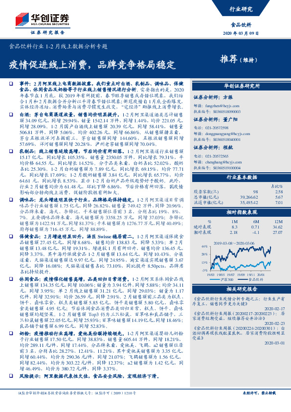 食品饮料行业1-2月线上数据分析专题：疫情促进线上消费，品牌竞争格局稳定