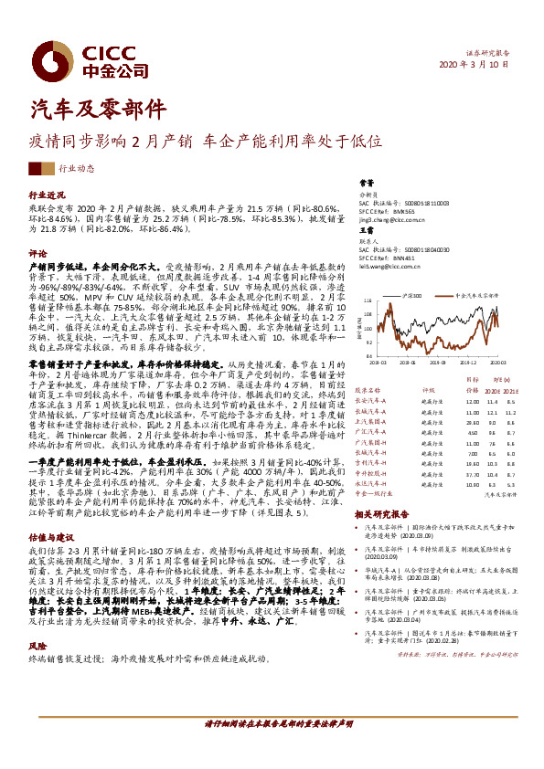 汽车及零部件：疫情同步影响2月产销 车企产能利用率处于低位