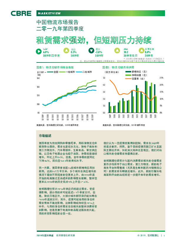 中国物流市场报告二零一九年第四季度：租赁需求强劲，但短期压力持续