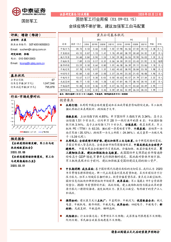 国防军工行业周报：全球疫情不断扩散，建议加强军工白马配置