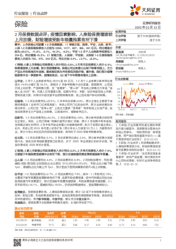 保险行业2月保费数据点评：疫情因素影响，人身险保费增速较上月放缓，财险增速受新车销量拖累有所下滑