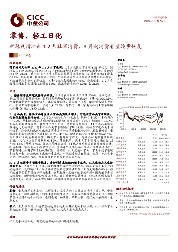 零售、轻工日化：新冠疫情冲击1-2月社零消费，3月起消费有望逐步恢复