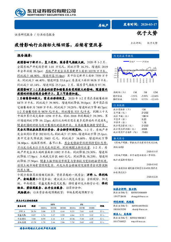 房地产行业动态报告：疫情影响行业指标大幅回落，后续有望改善