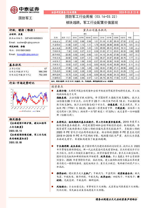 国防军工行业周报：板块超跌，军工行业配置价值显现