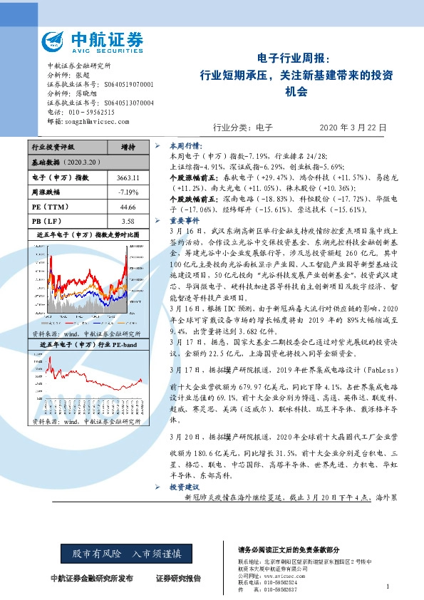 电子行业周报：行业短期承压，关注新基建带来的投资机会