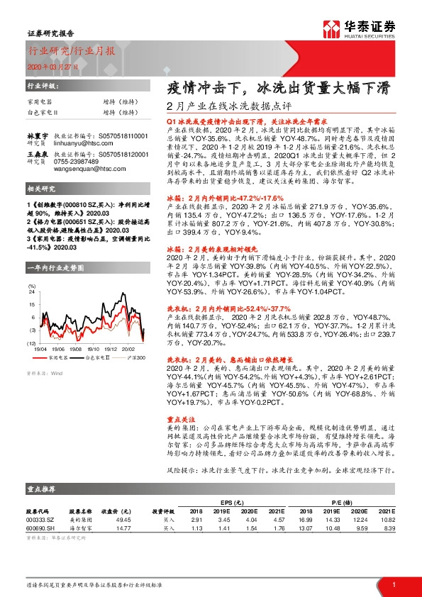 家用电器：2月产业在线冰洗数据点评-疫情冲击下，冰洗出货量大幅下滑