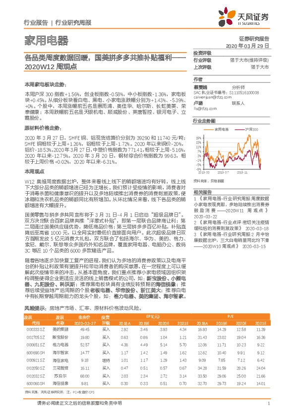 家用电器2020W12周观点：各品类周度数据回暖，国美拼多多共推补贴福利