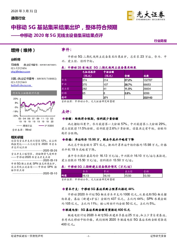 通信行业：中移动2020年5G无线主设备集采结果点评：中移动5G基站集采结果出炉，整体符合预期
