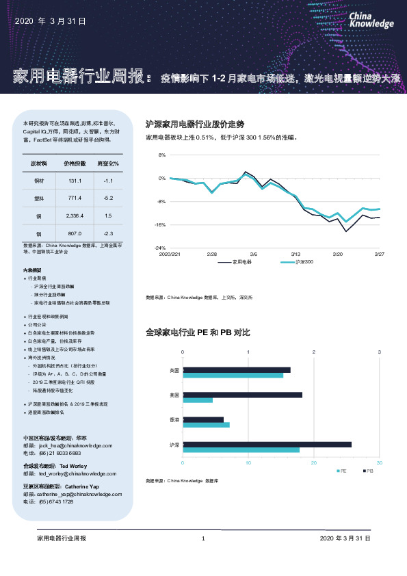 家用电器行业周报：疫情影响下1-2月家电市场低迷，激光电视量额逆势大涨