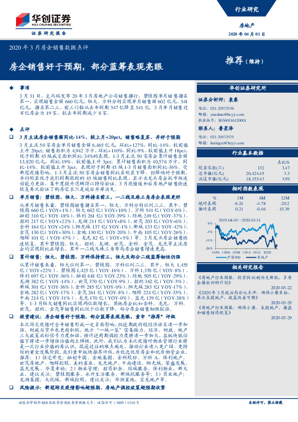 2020年3月房企销售数据点评：房企销售好于预期，部分蓝筹表现亮眼