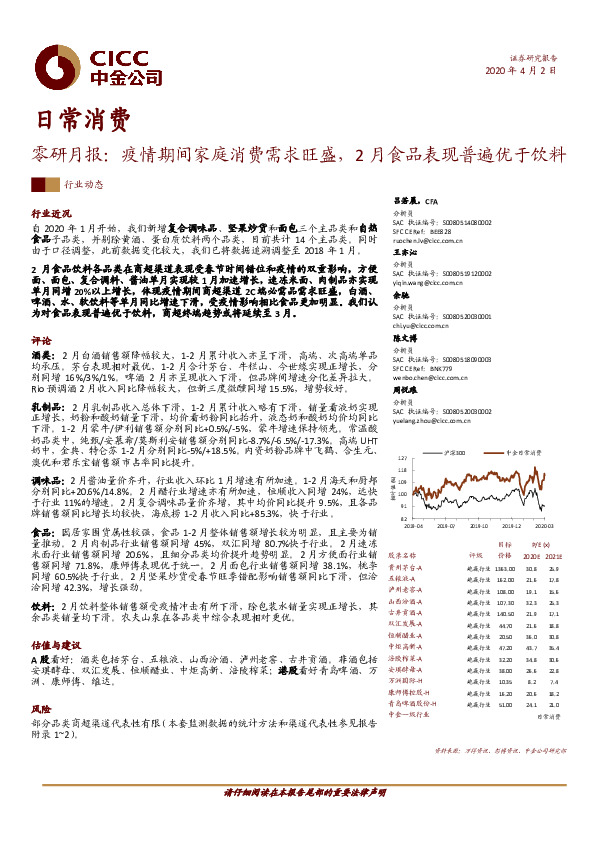 零研月报：疫情期间家庭消费需求旺盛，2月食品表现普遍优于饮料