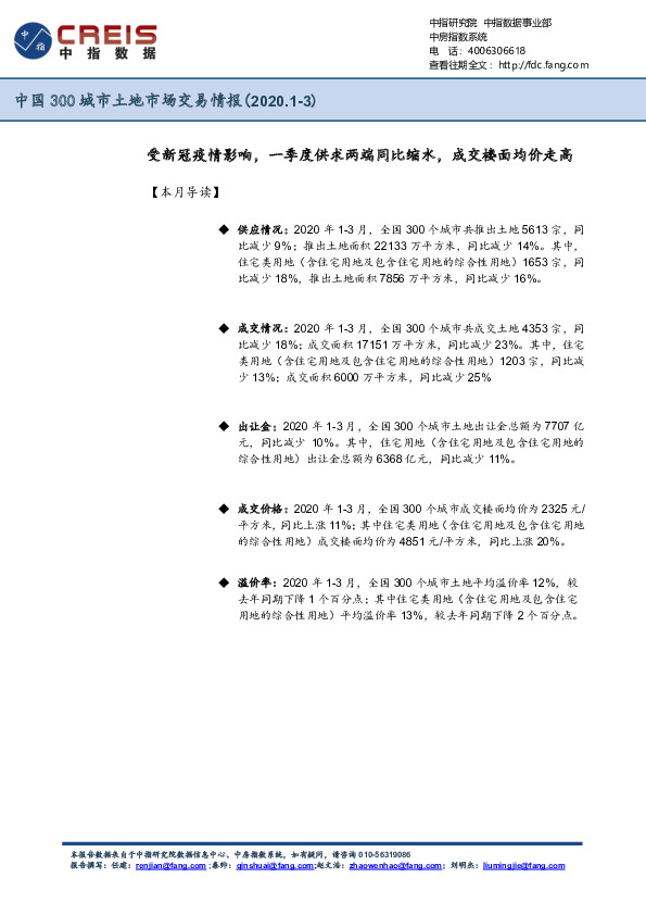 中国300城市土地市场交易情报：受新冠疫情影响，一季度供求两端同比缩水，成交楼面均价走高
