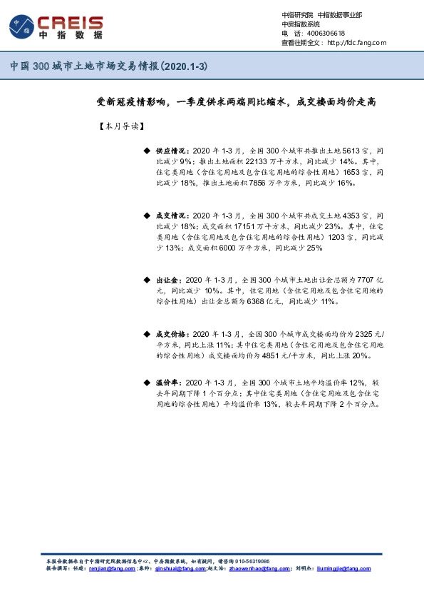 中国300城市土地市场交易情报：受新冠疫情影响，一季度供求两端同比缩水，成交楼面均价走高