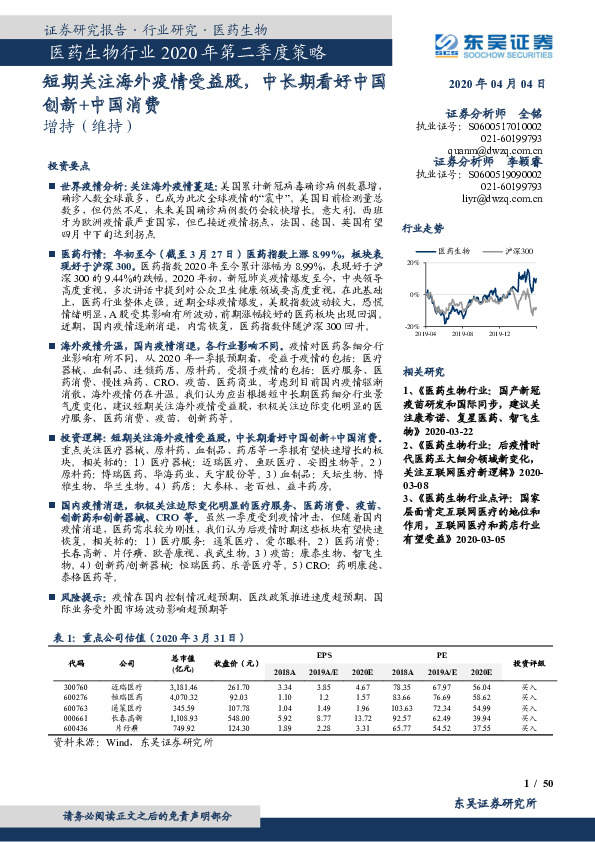 医药生物行业2020年第二季度策略：短期关注海外疫情受益股，中长期看好中国创新+中国消费