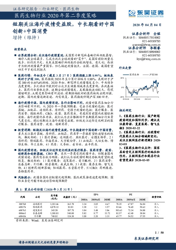 医药生物行业2020年第二季度策略：短期关注海外疫情受益股，中长期看好中国创新+中国消费