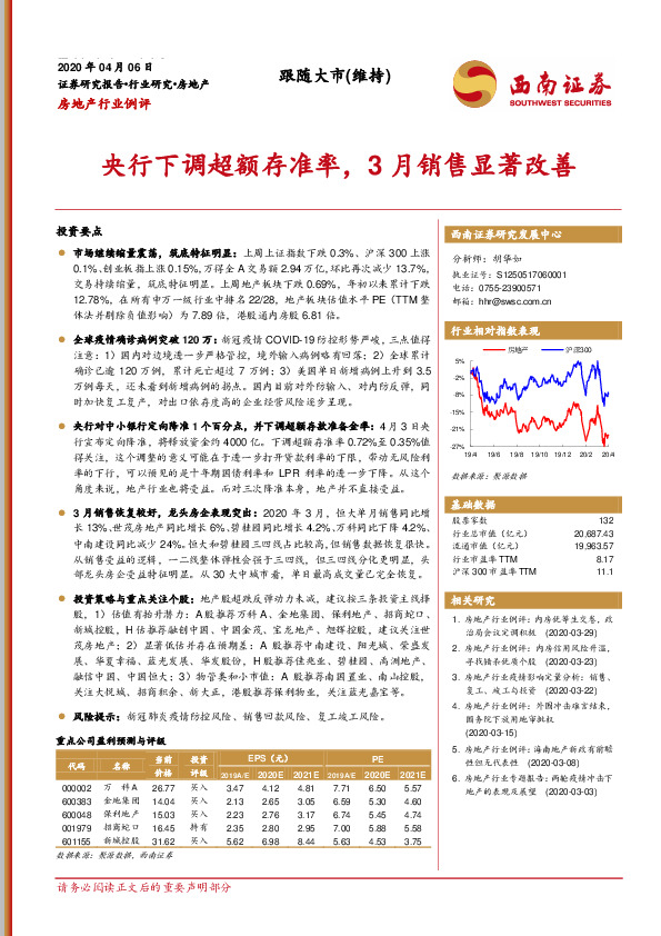 房地产行业例评：央行下调超额存准率，3月销售显著改
