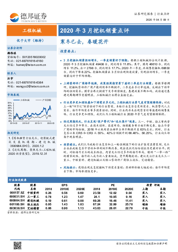 2020年3月挖机销量点评：寒冬已去，春暖花开