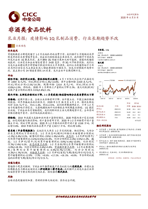 非酒类食品饮料：乳业月报：疫情影响1Q乳制品消费，行业长期趋势不改