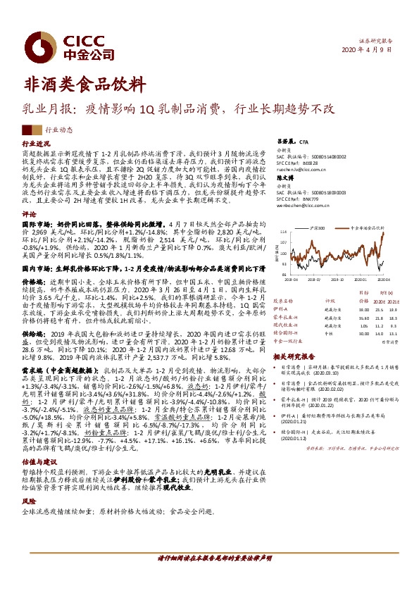 非酒类食品饮料：乳业月报：疫情影响1Q乳制品消费，行业长期趋势不改