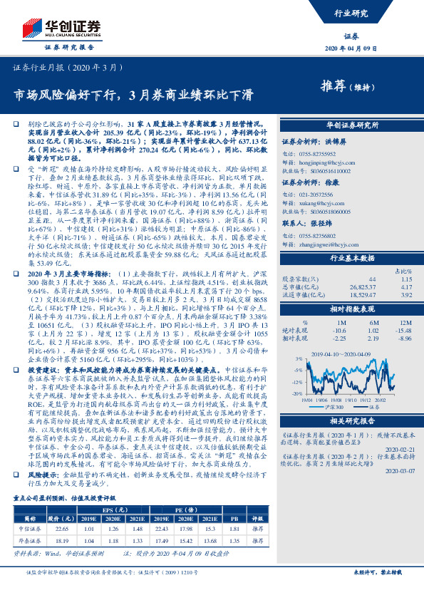 证券行业月报（2020年3月）：市场风险偏好下行，3月券商业绩环比下滑