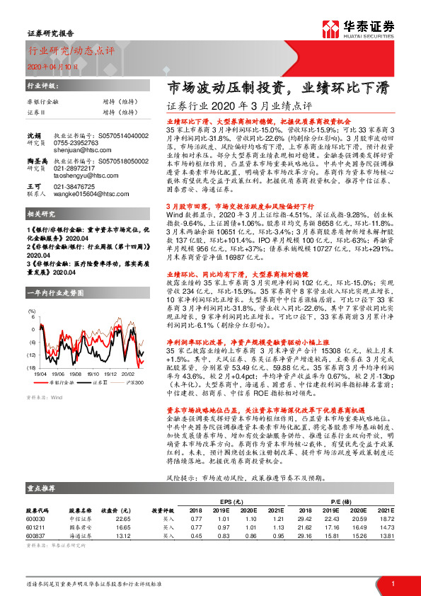 证券行业2020年3月业绩点评：市场波动压制投资，业绩环比下滑