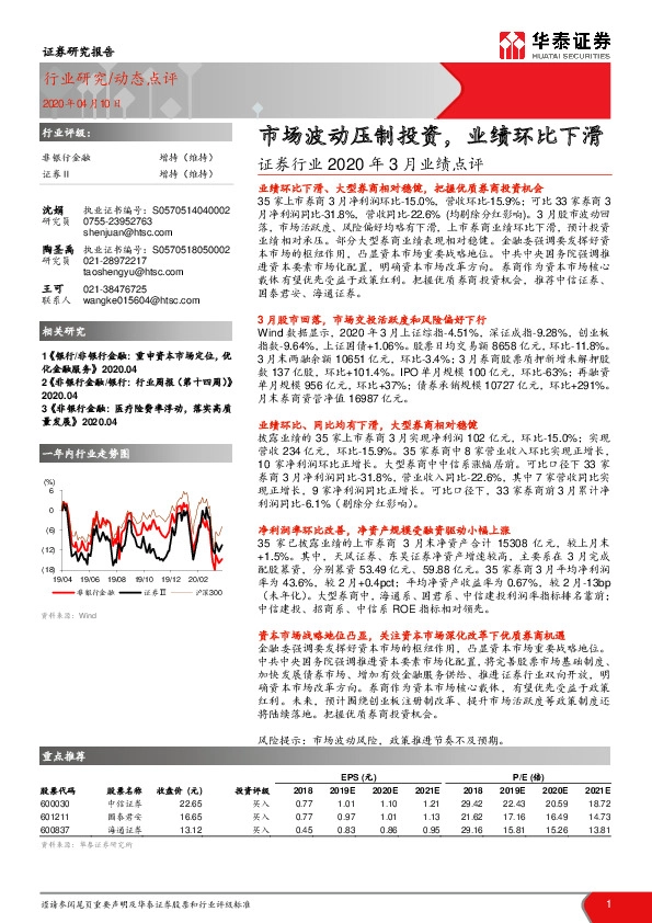 证券行业2020年3月业绩点评：市场波动压制投资，业绩环比下滑