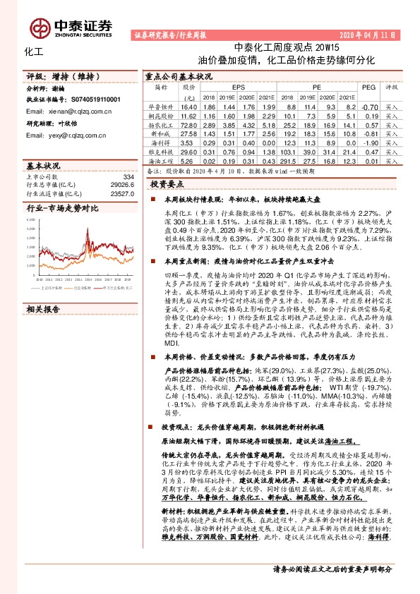中泰化工周度观点20W15：油价叠加疫情，化工品价格走势缘何分化