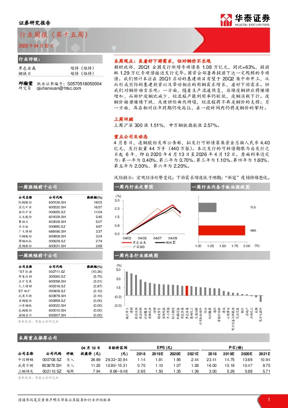 黑色金属行业周报（第十五周）