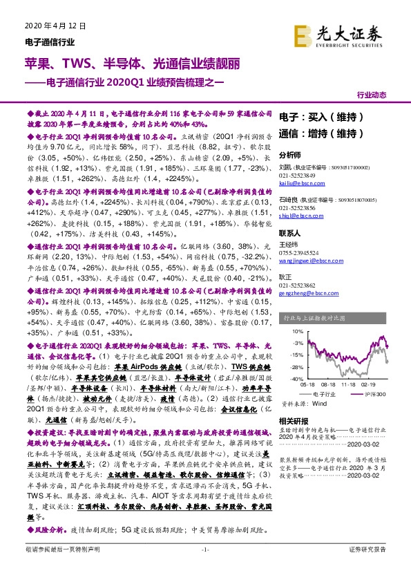 电子通信行业2020Q1业绩预告梳理之一：苹果、TWS、半导体、光通信业绩靓丽