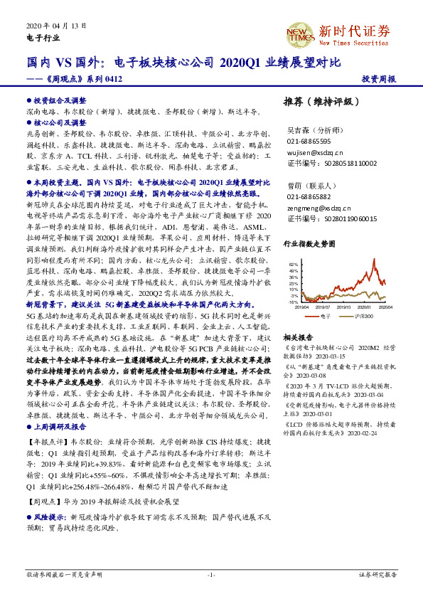 电子行业《周观点》系列：国内VS国外：电子板块核心公司2020Q1业绩展望对比